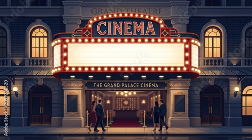 A grand, ornate theater with a marquee displaying 'Cinema' and 'The Grand Palace Cinema' in red lights, with a crowd of people walking in front of it.