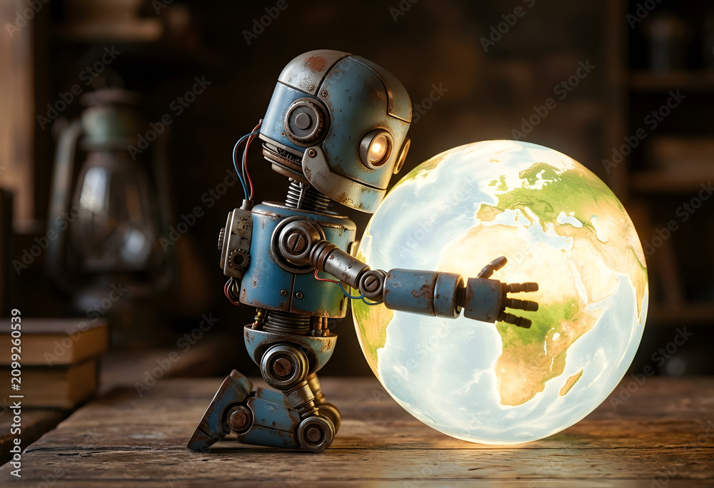 Fototapeta premium Cute rusty robot holding glowing planet earth with care