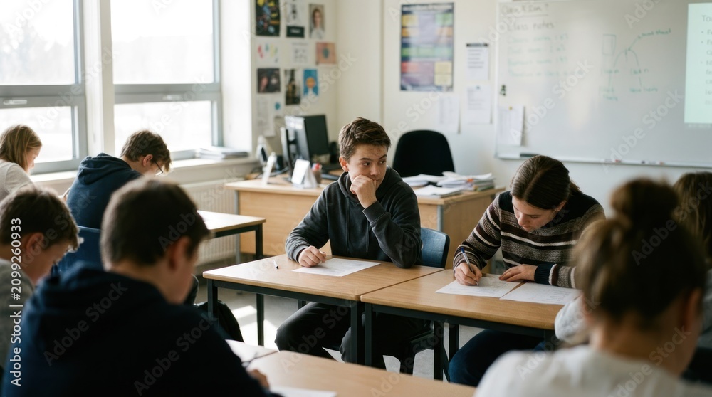 Fototapeta premium Students in a classroom setting, engaged in a collaborative activity.