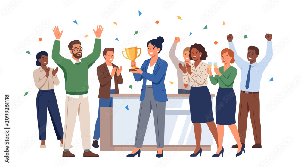 Obraz premium Diverse team celebrates victory, holding trophy with confetti falling