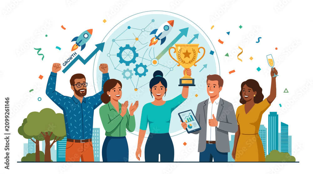 Fototapeta premium Diverse team celebrates winning a trophy, project success, startup growth, business achievement