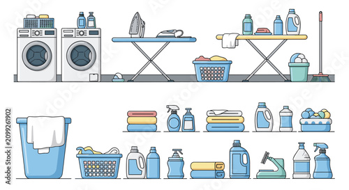Bild auf Leinwand Laundry room interior elements and cleaning tools, washing machines, irons, baskets, detergent bottles vector set