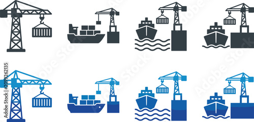 Maritime Logistics and Shipping Flat Vector Icon Collection Featuring Cargo Ship, Port, Anchor, Container, Navigation and Ocean Transport Symbols