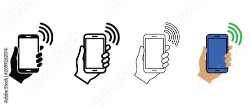 Mobile phone in hand with signal waves coming out of it in various colors and styles  modern communication technology