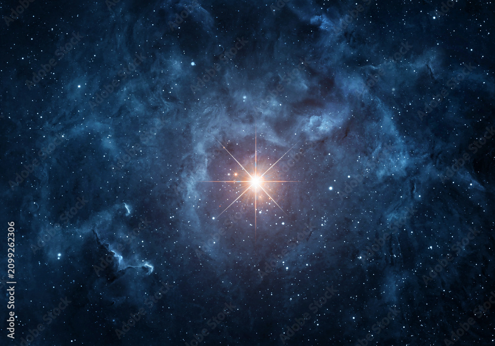 Fototapeta premium Intense glowing star emitting radiant light rays against a dark starry space background, Elements of this image furnished by NASA.