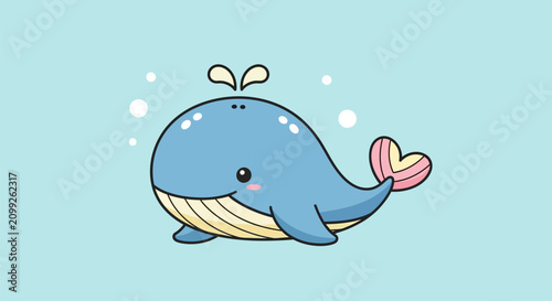 Foto Cute cartoon whale spouting water with bubbles isolated on soft blue background for marine life kids theme decoration art