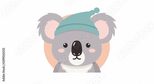 Photography Cute koala wearing teal beanie hat illustrated as cartoon character for nursery decor and playful children design style