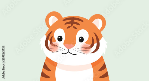 Cute cartoon tiger character portrait with a friendly expression and distinctive black stripes on an orange coat, pale green background.