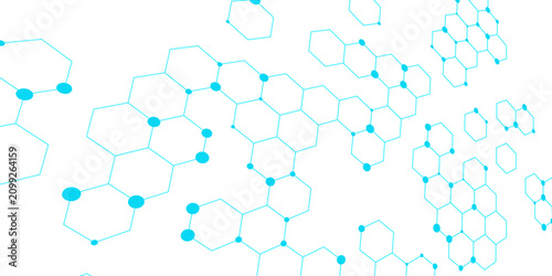 Molecular structure abstract tech background. Geometric blue background. Vector banner design with hexagons. Science network pattern, connecting lines and dots Medical background, Vector illustration.