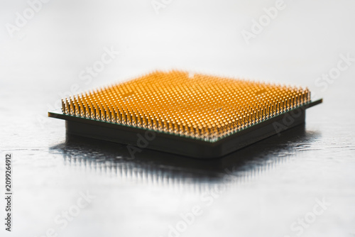 Gold contact pins of a computer CPU processor
