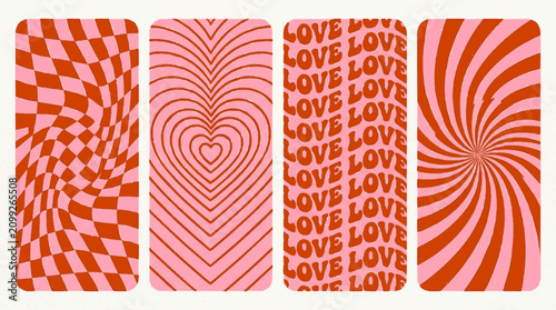 Four vertical retro groovy pattern panels in pink and red featuring checkers hearts typography and swirling hypnotic spiral designs