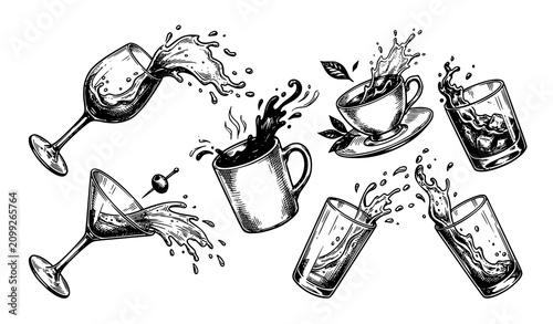 Hand Drawn Spilled Beverage Illustration Wine Coffee Cocktail Splash Sketch Engraved Vector Set