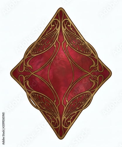 Ornate diamond playing card suit with golden art nouveau patterns, red gothic fantasy design isolated on white background