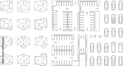Architectural site plan elements featuring modern residential house layouts, organized parking lot designs, landscaping zones, and urban infrastructure vector illustrations.