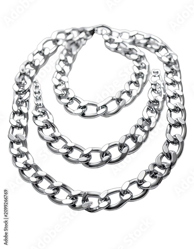 A close-up shot of polished silver chains against a black background.