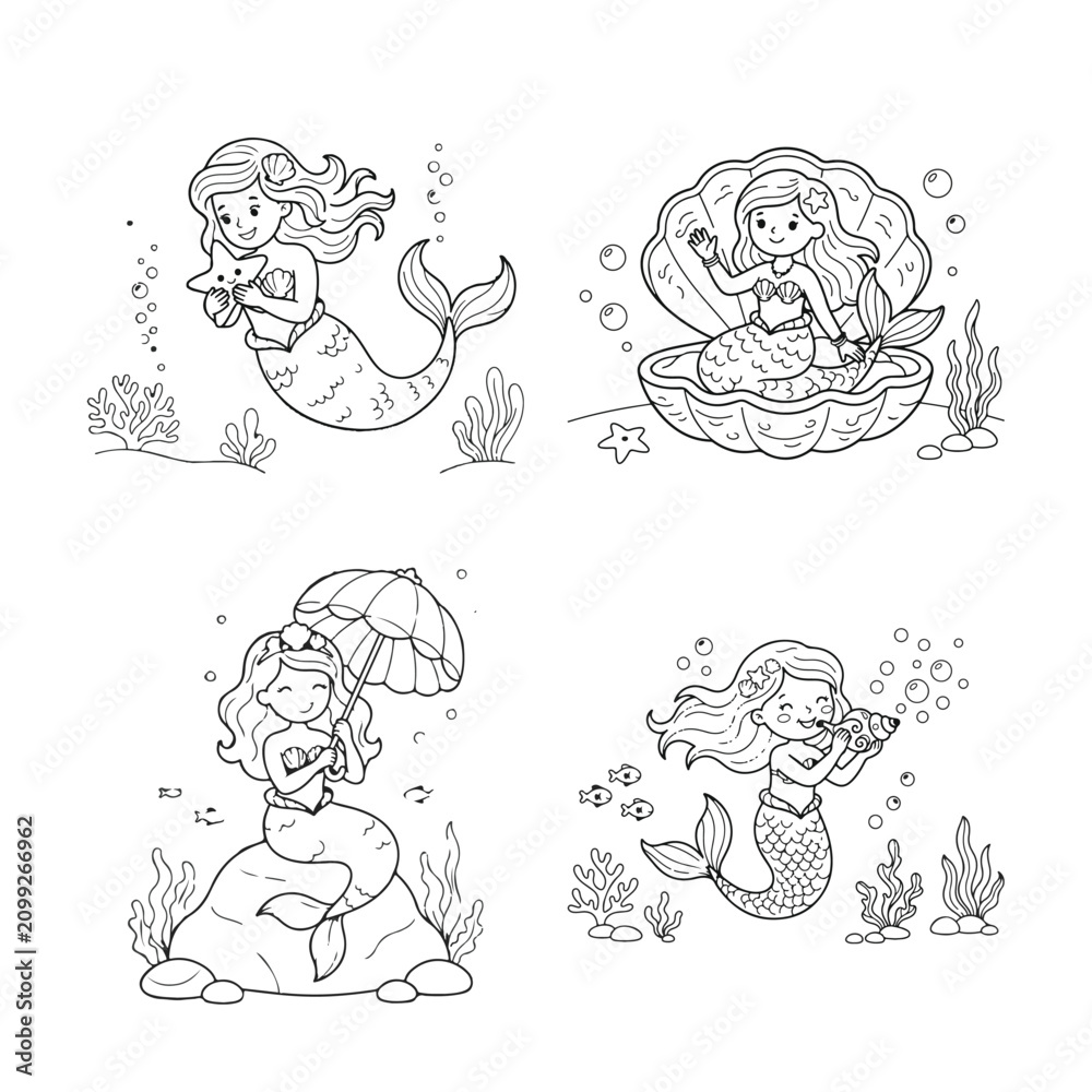 Fototapeta premium Enchanting mermaid coloring book pages for kids featuring starfish hug, shell seat, umbrella fun, and seashell blowing scenes