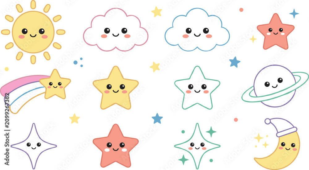 Fototapeta premium Cute Kawaii Sky and Space Vector Icon Set Featuring Sun Clouds Shooting Star Planet and Crescent Moon Elements for Kids Nursery Designs