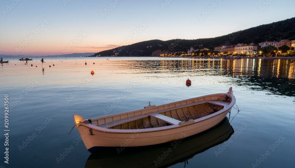 Obraz premium Wooden rowboat floating on calm sea at sunset beside an illuminated