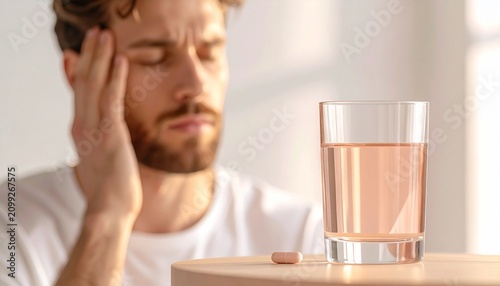 Man with headache holding his temple beside a glass of water and pain