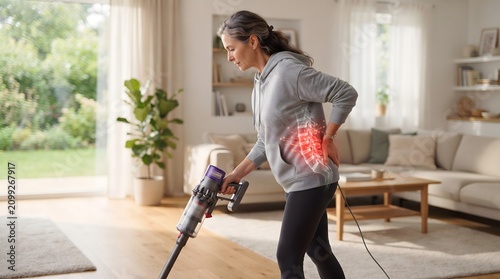 Mature Woman Vacuum Cleaning with Lower Back Pain Lumbar Spine Anatomy Overlay at Home