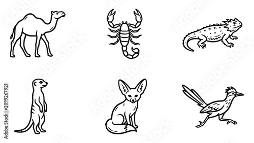 Set of hand drawn desert animals and insects in black and white line art