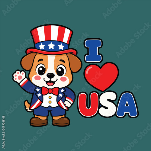 Cute Patriotic Dog Mascot with I Love USA Cartoon Flat Vector Illustration Kawaii American Independence Day Character