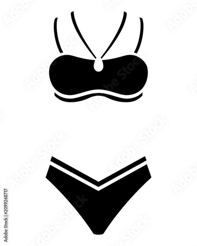 A two-piece swimsuit with thin straps and embellishment, a women's swimsuit, or a bikini - vector silhouette for a logo, pictogram, or stencil. Swimsuit silhouette for laser cutting