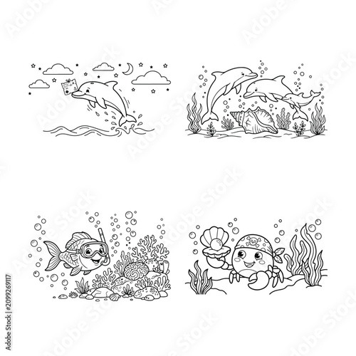 Cute marine life characters coloring page set featuring playful dolphins underwater fish and a happy pirate crab with treasure collection on sandy ocean floor drawn in simple black outline vector 