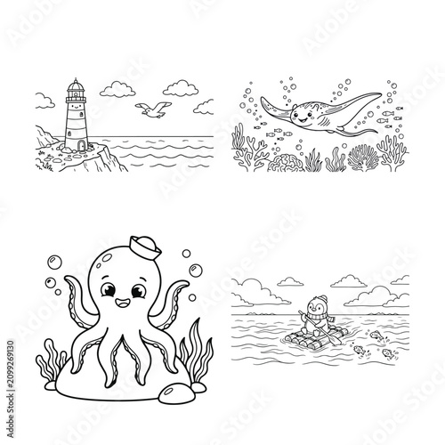 Coastal and aquatic exploration coloring set featuring charming lighthouse on cliff stingray swimming over reefs happy octopus wearing sailor hat and cute penguin paddling on wooden raft vector.