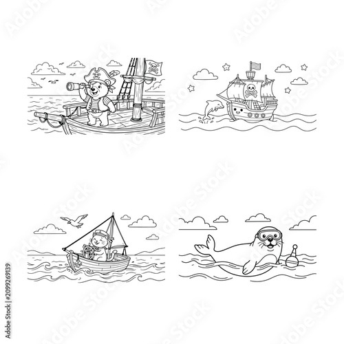 Pirate adventure and ocean friends coloring set featuring bear captain with telescope pirate ship sailing at night cat sailor on small boat and cute seal playing with buoy in water vector art.