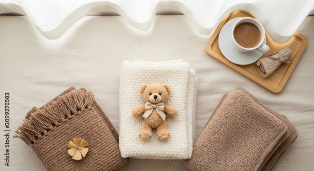 Fototapeta premium Cozy Comfort And Warmth In Soft Textiles And A Warm Drink
