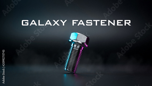 Galaxy fastener with colorful neon light on metallic screw and bolt on dark background