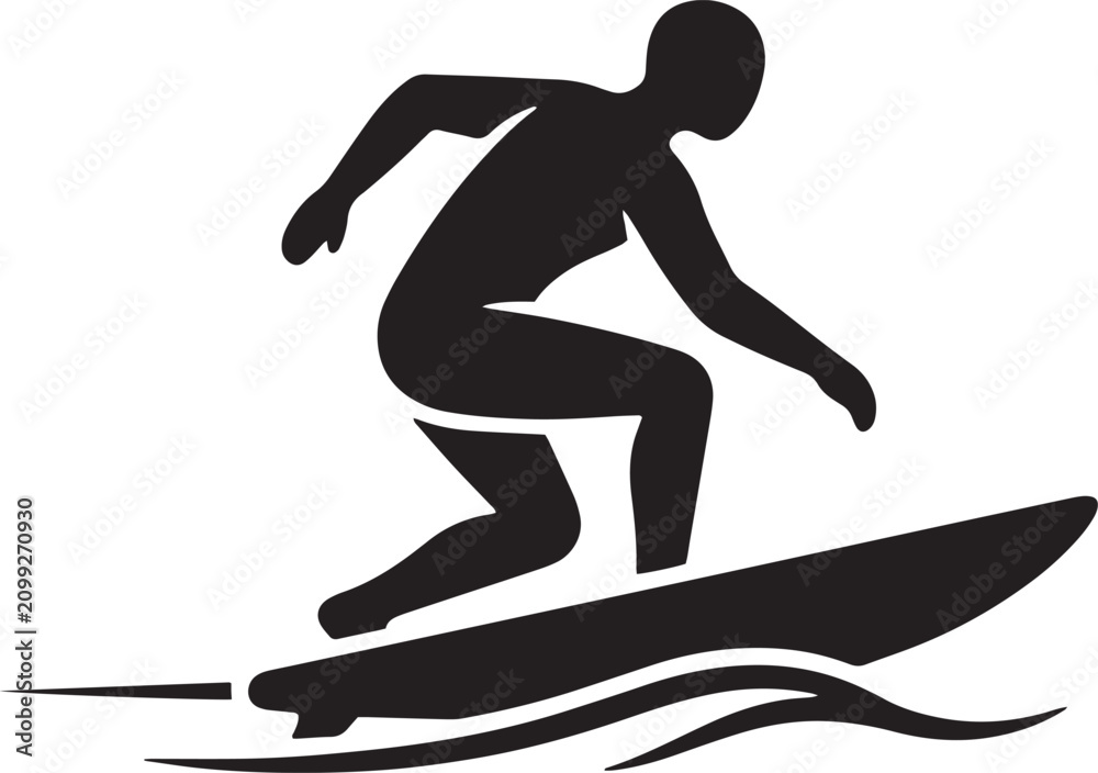 Fototapeta premium Surfing man silhouette, black surf icon, vector surfer, sports graphics isolated on Transparent Background