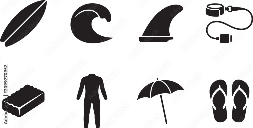 Obraz premium Surfing, beach icons, black, vector graphics, 8 elements, summer symbols isolated on Transparent Background