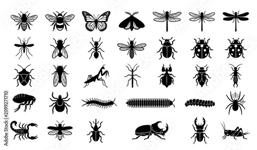 Cuadro en lienzo Flying and Crawling Insect Silhouette Icons – Editable Vector Set