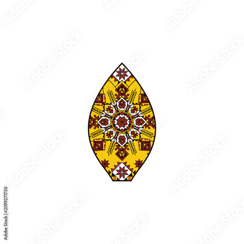 Intricate yellow and red mandala pattern in a teardrop shape on white background