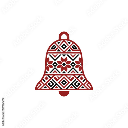 Red and black geometric patterned bell icon with traditional ethnic design