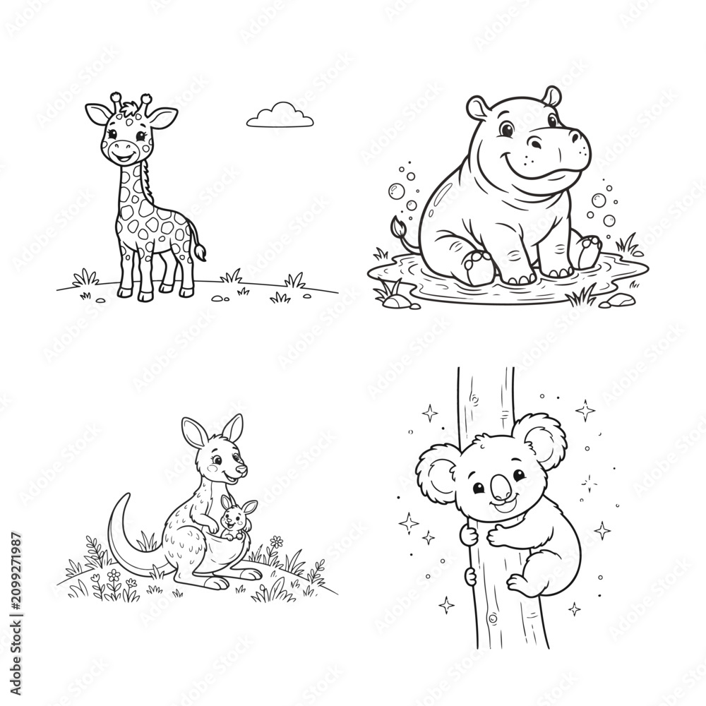 Obraz premium Cute Safari And Australian Animal Coloring Pages For Kids With Happy Giraffe Smiling Hippo Kangaroo With Joey And Adorable Koala Bear Vector Set