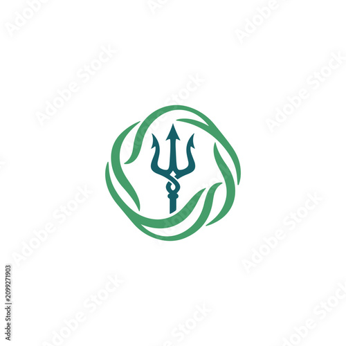 Minimalist trident logo with circular green and blue wave design on white background