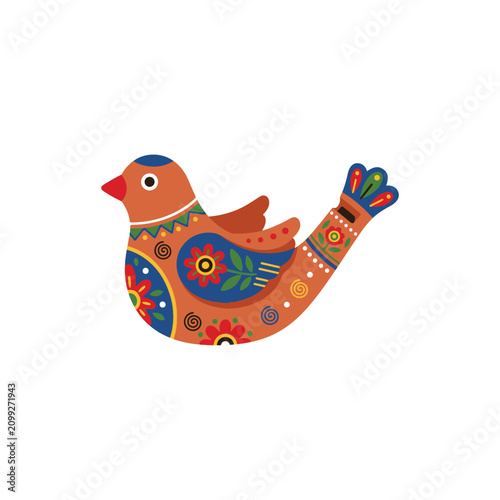 Colorful folk art wooden bird sculpture with intricate floral patterns and vibrant hues
