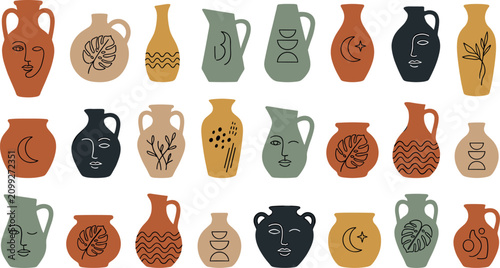 Tableau sur toile Boho Ceramic Vases and Amphora Icon Set Featuring Modern Line Art Faces, Monster