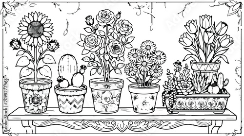 Foto Black and white illustration of potted plants on a shelf