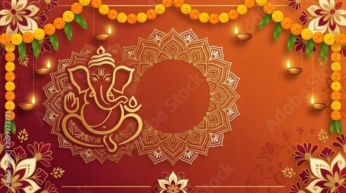 Ganesh Chaturthi festive background with diya lamps and marigold flowers, Indian festival celebration backdrop