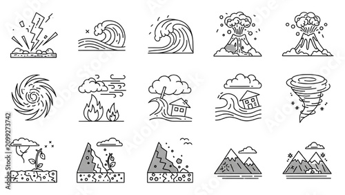 Slika na platnu Vector icon sheet depicts natural disasters and weather phenomena