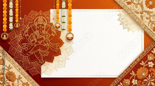 Ornate Lord Ganesha Illustration with Floral Mandala and Hanging Marigold Garlands for Traditional Hindu Festival Invitation Background