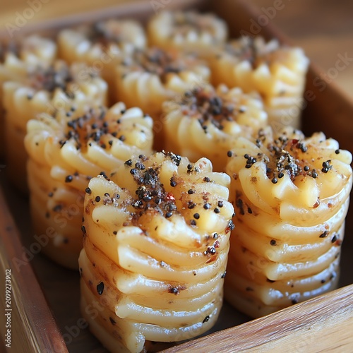 Spiral-shaped, golden-brown treats, topped with spices
