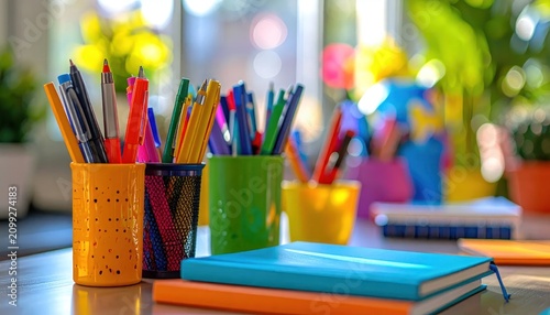 Artistic pencils and markers in holders on desk.