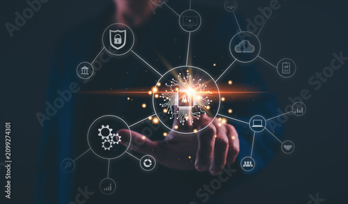A person interacts with a digital AI interface featuring interconnected icons symbolizing technology, security, cloud computing, and data analytics.