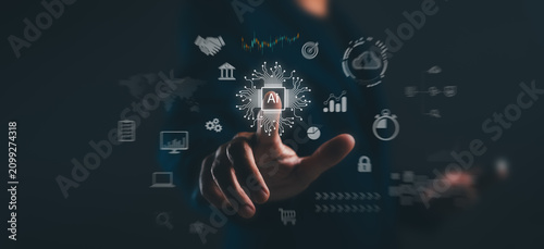 A hand interacts with a glowing AI icon surrounded by various digital technology and business-related icons on a dark background.