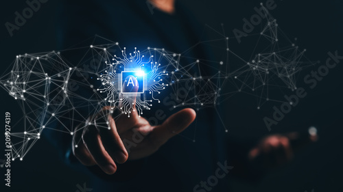 A hand interacts with a glowing AI chip surrounded by a network of futuristic digital connections and data points in a dark background.